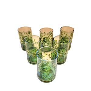 MCM Libbey Juice Glasses Green & Blue Daisy Set of 6 VTG Nostalgic Glassware